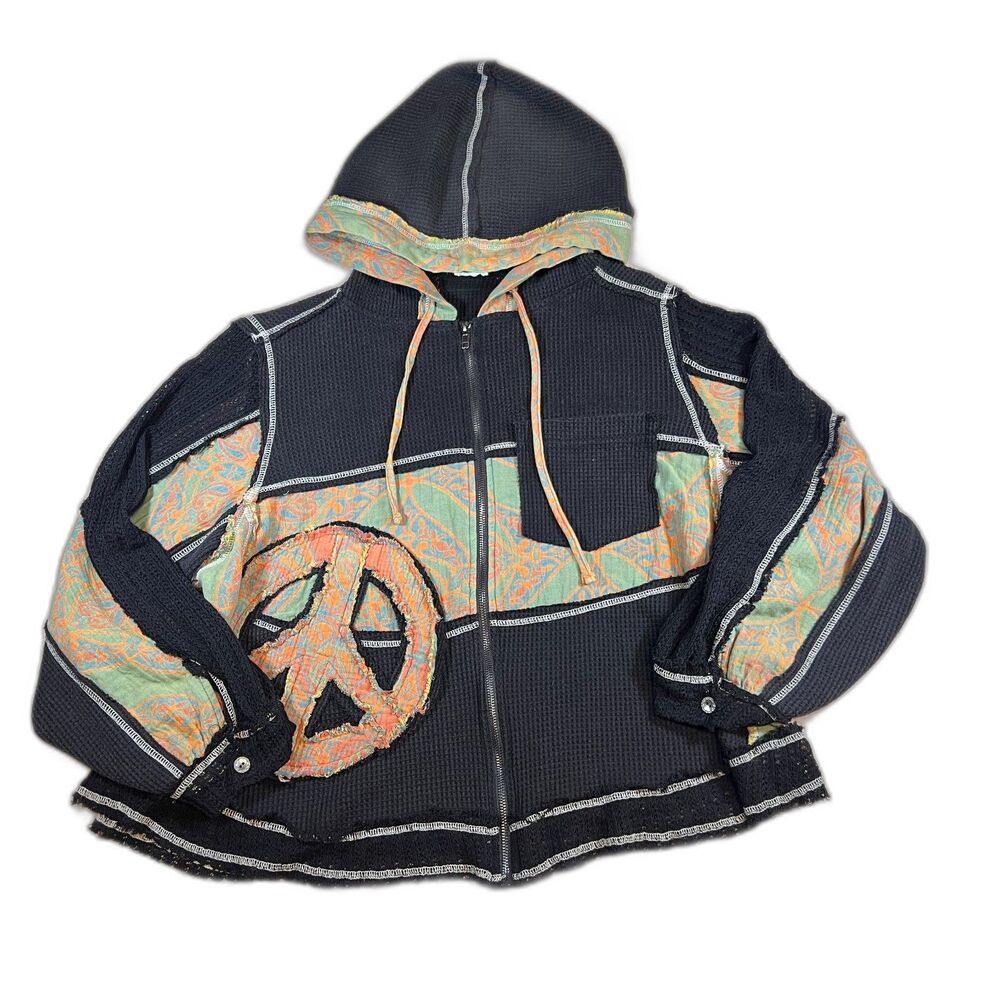 POL Clothing Boho Patchwork Zip Hoodie Peace Crochet Lace Waffle Knit Medium